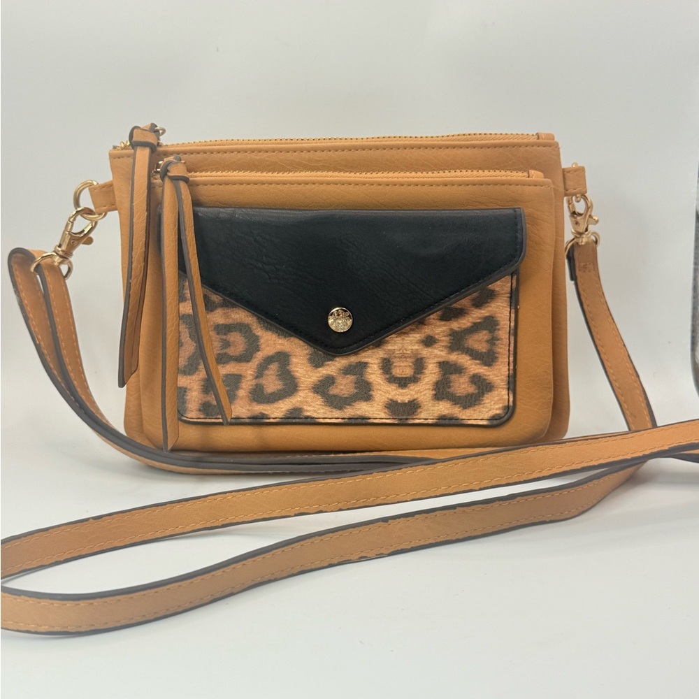 Jessica Simpson Tan Crossbody Bag Leopard Print Black Flap Gold